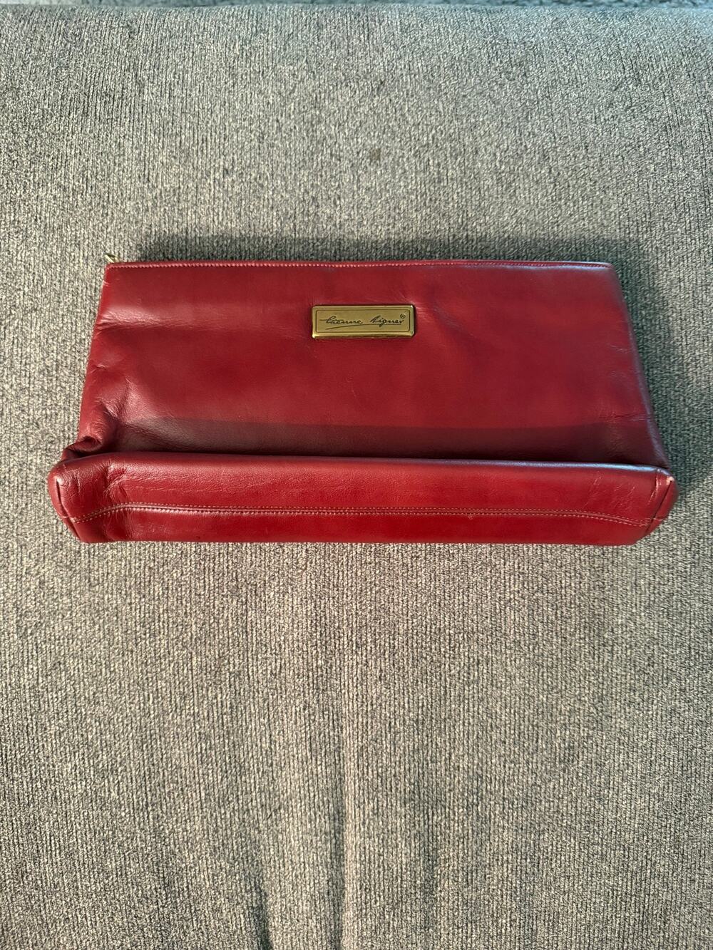 Vintage Etienne Aigner Red Oxblood Smooth Leather Zip-Top Clutch Bag Brass Logo